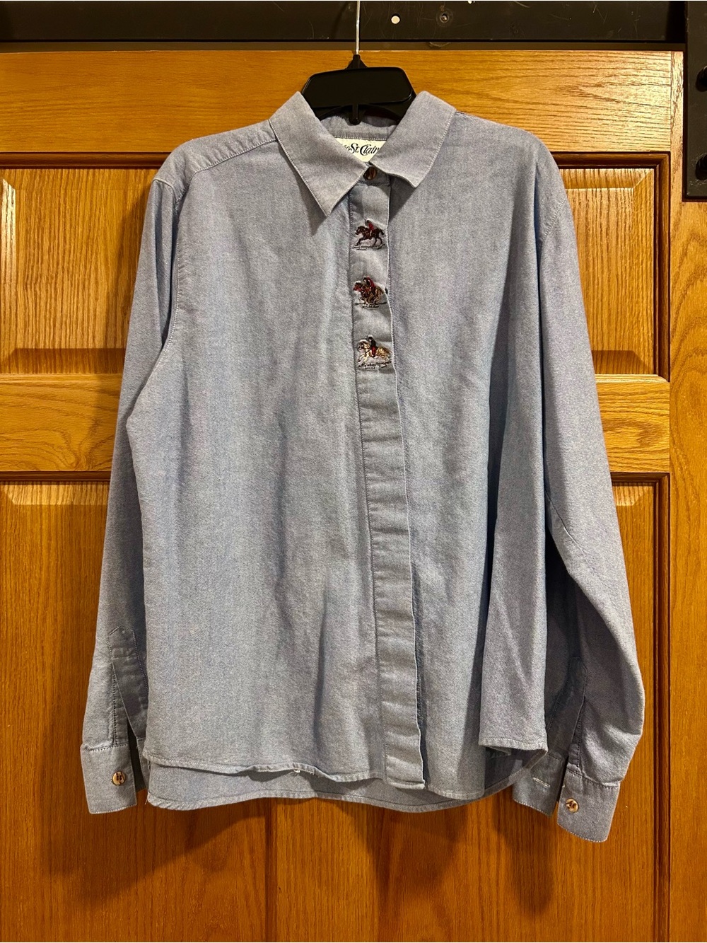 Vintage 90s Yves St Clair Chambray Embroidered Equestrian Horse Shirt Size 14